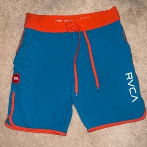 RVCA Neon Orange and blue board shorts, size 32